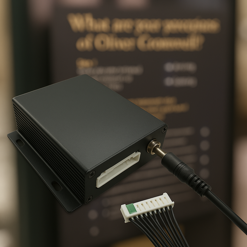 Museum guest feedback system with custom wiring harness. Automatically stores responses to memory card.